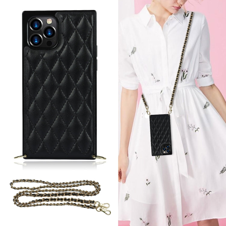 Elegant Rhombic Pattern Microfiber Leather +TPU Shockproof Case with Crossbody Strap Chain, For iPhone 12 Pro Max