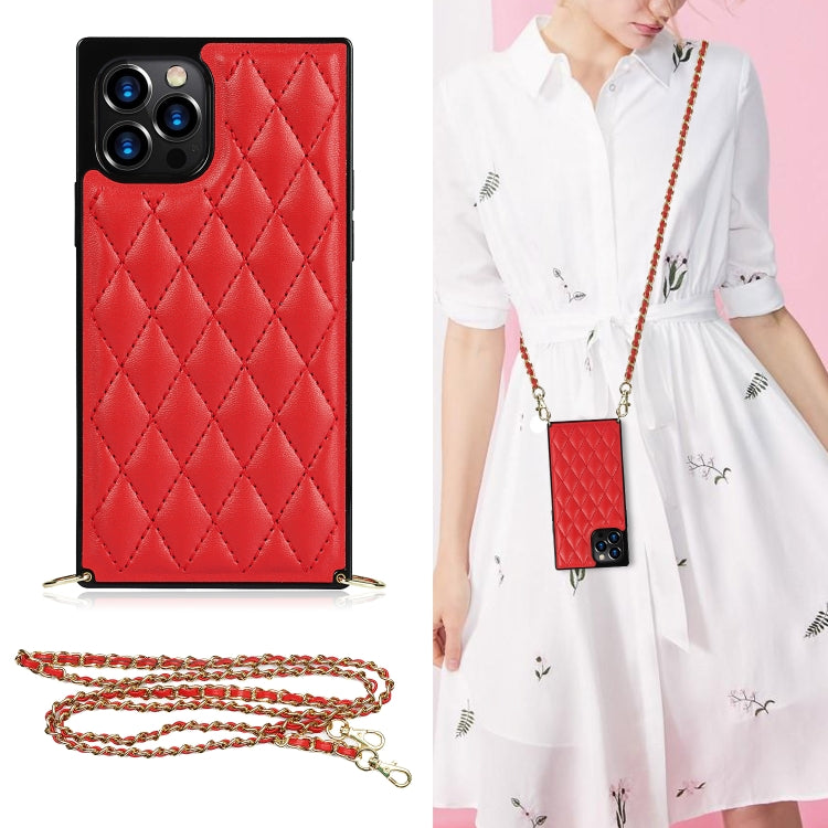 Elegant Rhombic Pattern Microfiber Leather +TPU Shockproof Case with Crossbody Strap Chain, For iPhone 12 Pro Max