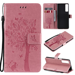 Tree & Cat Pattern Pressed Printing Horizontal Flip PU Leather Case with Holder & Card Slots & Wallet & Lanyard, For LG Stylo 7 5G / 4G, For OPPO F19 / A74 4G