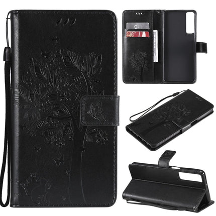 Tree & Cat Pattern Pressed Printing Horizontal Flip PU Leather Case with Holder & Card Slots & Wallet & Lanyard, For LG Stylo 7 5G / 4G, For OPPO F19 / A74 4G