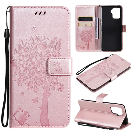 Tree & Cat Pattern Pressed Printing Horizontal Flip PU Leather Case with Holder & Card Slots & Wallet & Lanyard, For OPPO A93 5G / A74 5G, For OPPO A94 4G / F19 Pro / Reno 5F