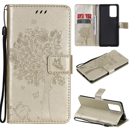 Tree & Cat Pattern Pressed Printing Horizontal Flip PU Leather Case with Holder & Card Slots & Wallet & Lanyard, For Xiaomi Redmi Note 10 4G, For Xiaomi Redmi Note 10 Pro