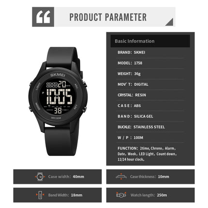 SKMEI 1758 Multifunctional LED Digital Display Luminous Silicone Strap Electronic Watch