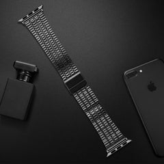 Seven-beads Double Safety Buckle Steel Replacement Strap Watchband For Apple Watch Series, 7 41mm / 6 & SE & 5 & 4 40mm / 3 & 2 & 1 38mm, 7 45mm / 6 & SE & 5 & 4 44mm / 3 & 2 & 1 42mm