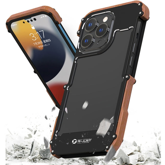 R-JUST Ironwood Man Shockproof Metal + Wood Bumper Protective Case, For iPhone 13, For iPhone 13 Pro, For iPhone 13 Pro Max