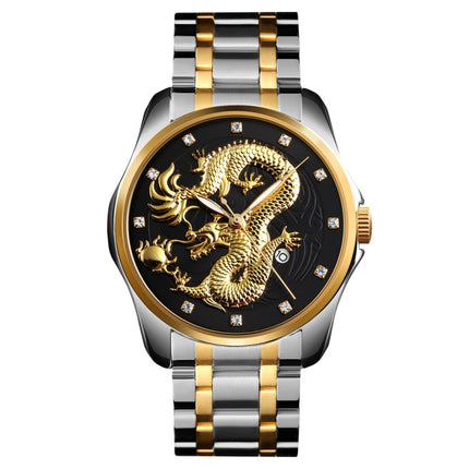 SKMEI 9193 Men Golden Dragon Pattern Calendar Dial Luminous Quartz Watch