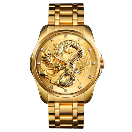 SKMEI 9193 Men Golden Dragon Pattern Calendar Dial Luminous Quartz Watch