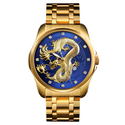 SKMEI 9193 Men Golden Dragon Pattern Calendar Dial Luminous Quartz Watch