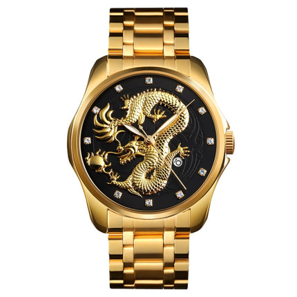 SKMEI 9193 Men Golden Dragon Pattern Calendar Dial Luminous Quartz Watch