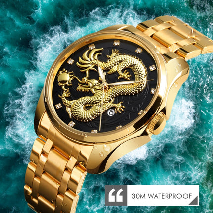 SKMEI 9193 Men Golden Dragon Pattern Calendar Dial Luminous Quartz Watch