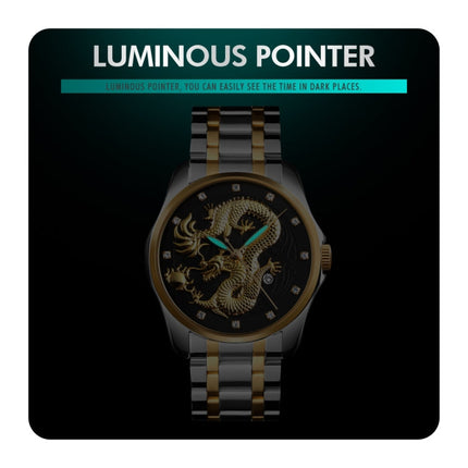 SKMEI 9193 Men Golden Dragon Pattern Calendar Dial Luminous Quartz Watch