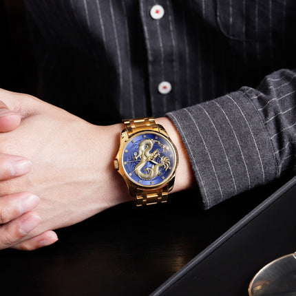 SKMEI 9193 Men Golden Dragon Pattern Calendar Dial Luminous Quartz Watch