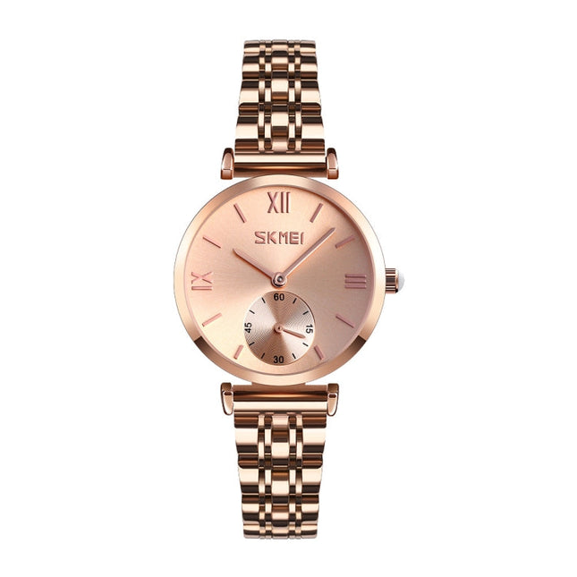 SKMEI 9198 Simple Roman Numeral Dial Metal Belt Quartz Watch for Couples