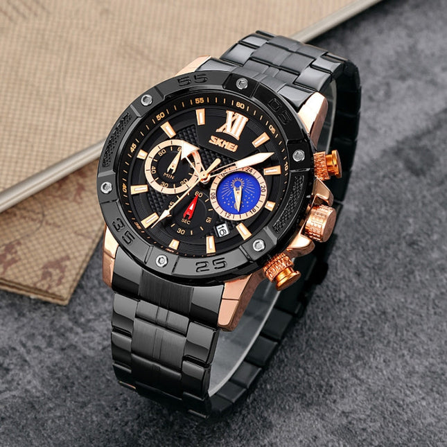 SKMEI 9235 Men Moonphase Stopwatch Stainless Steel Strap Quartz Watch