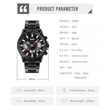 SKMEI 9241 Men Calendar Stopwatch Stainless Steel Strap Quartz Watch