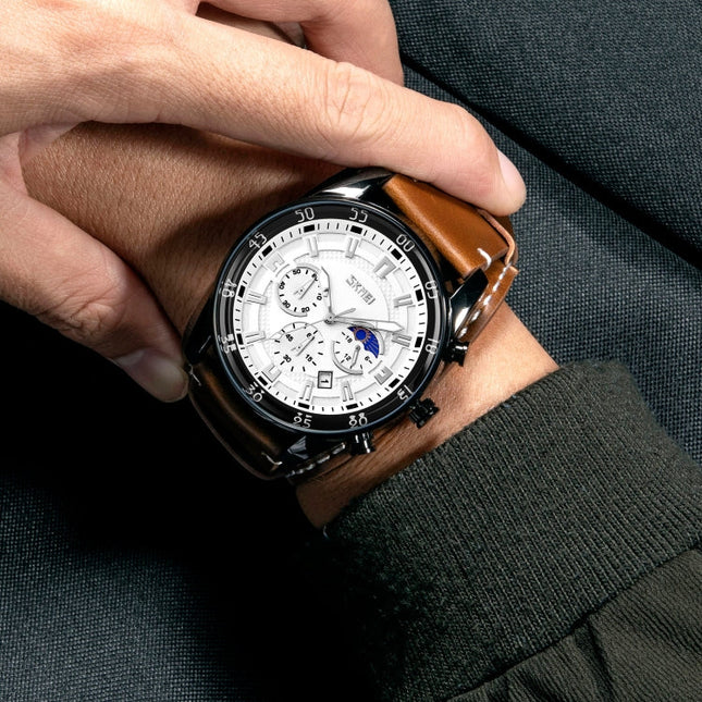 SKMEI 9249 Men Moonphase Calendar Stopwatch Leather Strap Quartz Watch