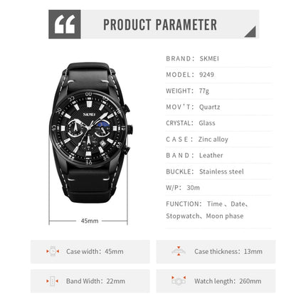 SKMEI 9249 Men Moonphase Calendar Stopwatch Leather Strap Quartz Watch