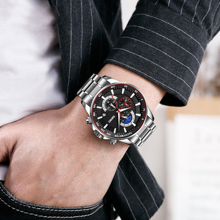 SKMEI 9250 Men Moonphase Stopwatch Date Six Pin Stainless Steel Strap Quartz Watch