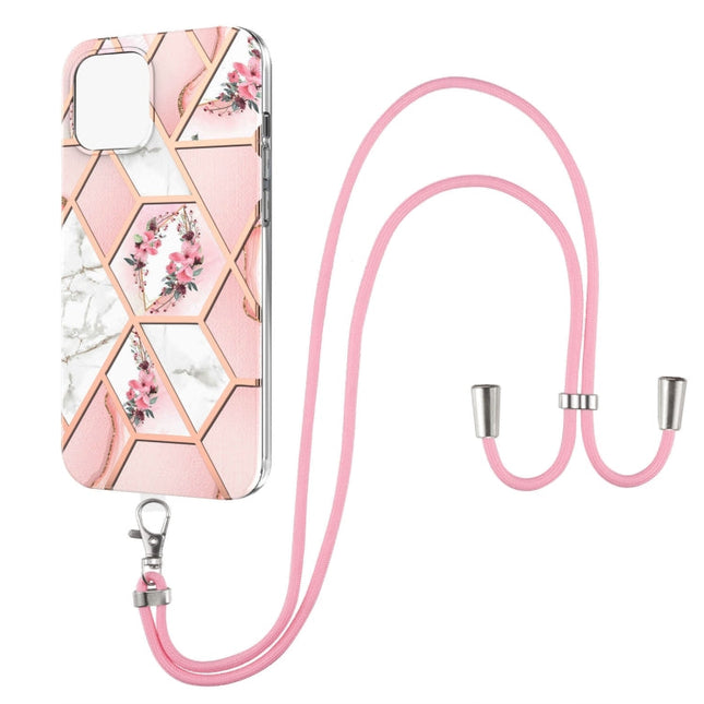 Electroplating Splicing Marble Flower Pattern TPU Shockproof Case with Lanyard, For iPhone 13 mini, For iPhone 13, For iPhone 13 Pro, For iPhone 13 Pro Max, For iPhone 12 mini, For iPhone 12 / 12 Pro