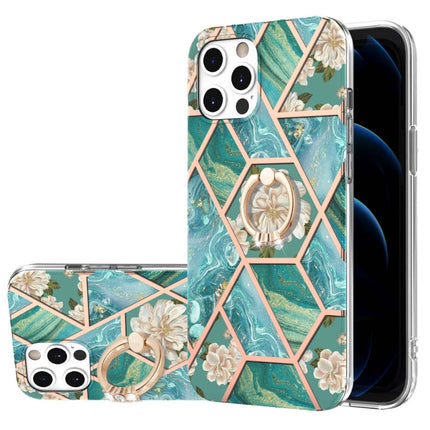 Electroplating Splicing Marble Flower Pattern TPU Shockproof Case with Rhinestone Ring Holder, For iPhone 13 mini, For iPhone 13, For iPhone 13 Pro, For iPhone 13 Pro Max, For iPhone 12 mini, For iPhone 12 / 12 Pro