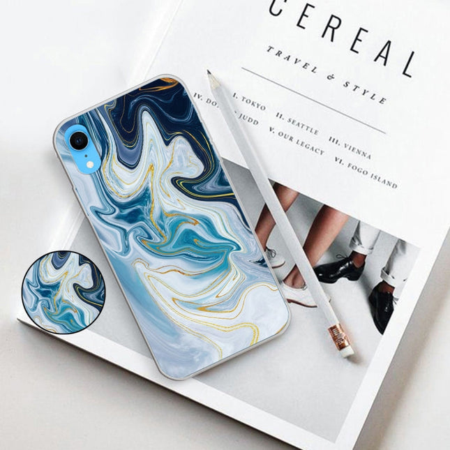 Embossed Varnished Marble TPU Protective Case with Holder, For iPhone XR