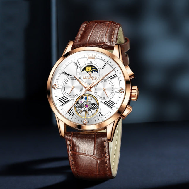 OLEVS 9912 Hollow Flywheel Week Calendar Dial Luminous Mechanical Watch for Men