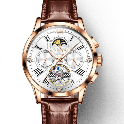 OLEVS 9912 Hollow Flywheel Week Calendar Dial Luminous Mechanical Watch for Men