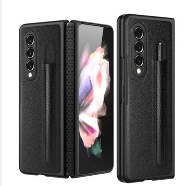 Litchi Texture Hinge Protection Folding Phone Case with Pen Cover, For Samsung Galaxy Z Fold3 5G