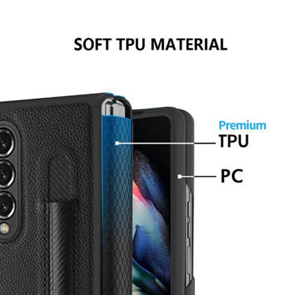 Litchi Texture Hinge Protection Folding Phone Case with Pen Cover, For Samsung Galaxy Z Fold3 5G