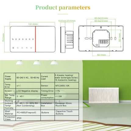 BHT-005-GCLW 220V AC 3A Smart Home Heating Thermostat for EU Box, Control Boiler Heating with Only Internal Sensor & WIFI Connection, BHT-005-GCLW