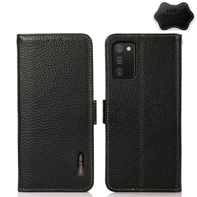 KHAZNEH Side-Magnetic Litchi Genuine Leather RFID Phone Case, For Samsung Galaxy A02s EU Version, For Samsung Galaxy A02s Global Version, For Samsung Galaxy A03s 166mm Version, For Samsung Galaxy A12 5G, For Samsung Galaxy A22 4G�����������������������...