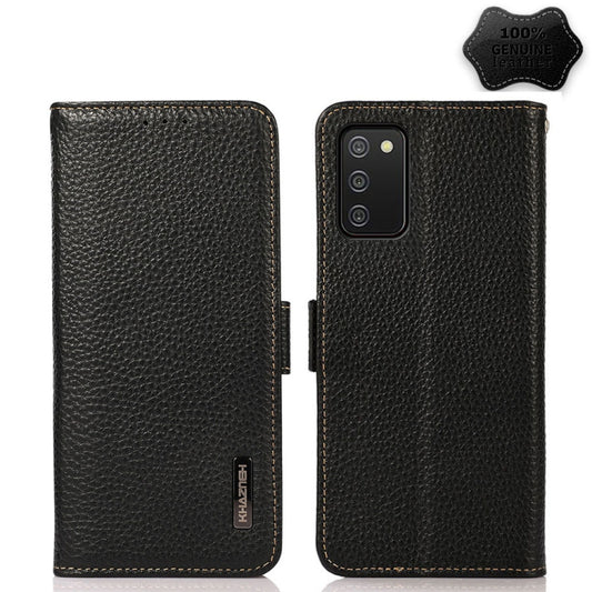 KHAZNEH Side-Magnetic Litchi Genuine Leather RFID Phone Case, For Samsung Galaxy A02s EU Version, For Samsung Galaxy A02s Global Version, For Samsung Galaxy A03s 166mm Version, For Samsung Galaxy A12 5G, For Samsung Galaxy A22 4G