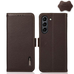 KHAZNEH Side-Magnetic Litchi Genuine Leather RFID Phone Case, For Samsung Galaxy S21 FE 5G, For Samsung Galaxy S21+ 5G, For Samsung Galaxy S21 5G, For Samsung Galaxy S21 Ultra 5G, For Samsung Galaxy S22+ 5G, For Samsung Galaxy S22 5G