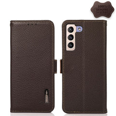 KHAZNEH Side-Magnetic Litchi Genuine Leather RFID Phone Case, For Samsung Galaxy S21 FE 5G, For Samsung Galaxy S21+ 5G, For Samsung Galaxy S21 5G, For Samsung Galaxy S21 Ultra 5G, For Samsung Galaxy S22+ 5G, For Samsung Galaxy S22 5G