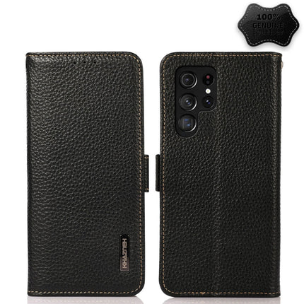 KHAZNEH Side-Magnetic Litchi Genuine Leather RFID Phone Case, For Samsung Galaxy S21 Ultra 5G, For Samsung Galaxy S22+ 5G, For Samsung Galaxy S22 5G, For Samsung Galaxy S22 Ultra 5G, For Samsung Galaxy Xcover 5, For Samsung Galaxy A03 164mm Version