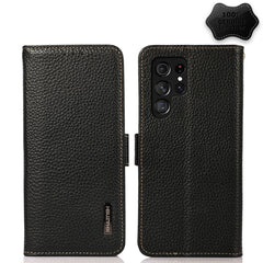KHAZNEH Side-Magnetic Litchi Genuine Leather RFID Phone Case, For Samsung Galaxy S21 Ultra 5G, For Samsung Galaxy S22+ 5G, For Samsung Galaxy S22 5G, For Samsung Galaxy S22 Ultra 5G, For Samsung Galaxy Xcover 5, For Samsung Galaxy A03 164mm Version
