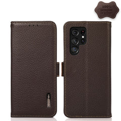 KHAZNEH Side-Magnetic Litchi Genuine Leather RFID Phone Case, For Samsung Galaxy S21 Ultra 5G, For Samsung Galaxy S22+ 5G, For Samsung Galaxy S22 5G, For Samsung Galaxy S22 Ultra 5G, For Samsung Galaxy Xcover 5, For Samsung Galaxy A03 164mm Version