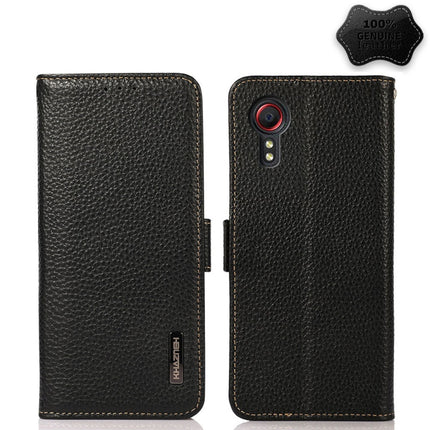 KHAZNEH Side-Magnetic Litchi Genuine Leather RFID Phone Case, For Samsung Galaxy S21 Ultra 5G, For Samsung Galaxy S22+ 5G, For Samsung Galaxy S22 5G, For Samsung Galaxy S22 Ultra 5G, For Samsung Galaxy Xcover 5, For Samsung Galaxy A03 164mm Version