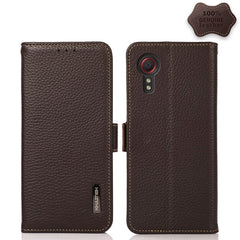 KHAZNEH Side-Magnetic Litchi Genuine Leather RFID Phone Case, For Samsung Galaxy S21 Ultra 5G, For Samsung Galaxy S22+ 5G, For Samsung Galaxy S22 5G, For Samsung Galaxy S22 Ultra 5G, For Samsung Galaxy Xcover 5, For Samsung Galaxy A03 164mm Version