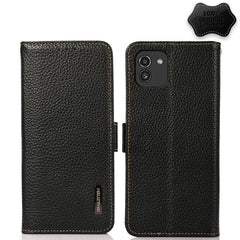 KHAZNEH Side-Magnetic Litchi Genuine Leather RFID Phone Case, For Samsung Galaxy S21 Ultra 5G, For Samsung Galaxy S22+ 5G, For Samsung Galaxy S22 5G, For Samsung Galaxy S22 Ultra 5G, For Samsung Galaxy Xcover 5, For Samsung Galaxy A03 164mm Version