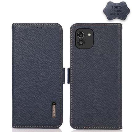 KHAZNEH Side-Magnetic Litchi Genuine Leather RFID Phone Case, For Samsung Galaxy S21 Ultra 5G, For Samsung Galaxy S22+ 5G, For Samsung Galaxy S22 5G, For Samsung Galaxy S22 Ultra 5G, For Samsung Galaxy Xcover 5, For Samsung Galaxy A03 164mm Version