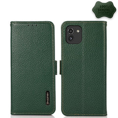 KHAZNEH Side-Magnetic Litchi Genuine Leather RFID Phone Case, For Samsung Galaxy S21 Ultra 5G, For Samsung Galaxy S22+ 5G, For Samsung Galaxy S22 5G, For Samsung Galaxy S22 Ultra 5G, For Samsung Galaxy Xcover 5, For Samsung Galaxy A03 164mm Version