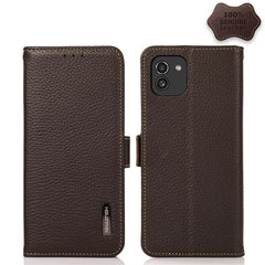 KHAZNEH Side-Magnetic Litchi Genuine Leather RFID Phone Case, For Samsung Galaxy S21 Ultra 5G, For Samsung Galaxy S22+ 5G, For Samsung Galaxy S22 5G, For Samsung Galaxy S22 Ultra 5G, For Samsung Galaxy Xcover 5, For Samsung Galaxy A03 164mm Version
