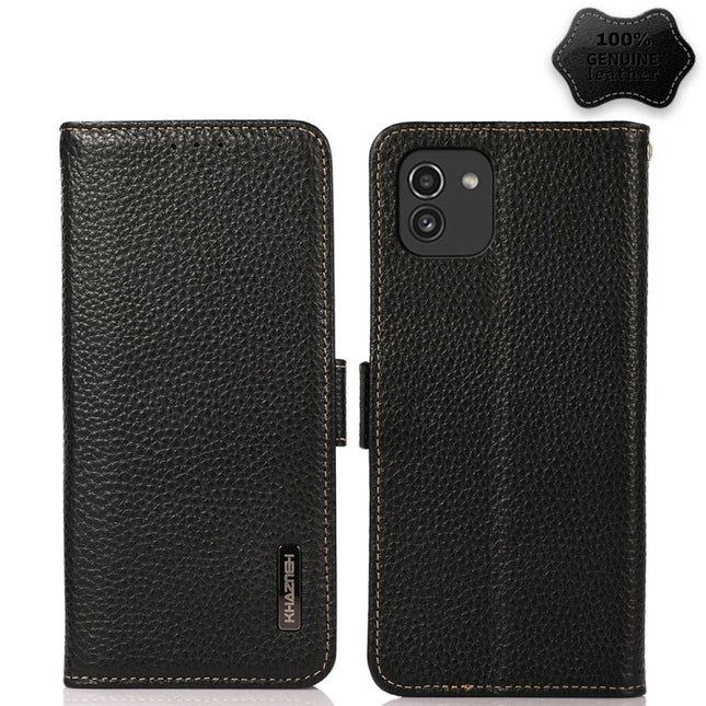 KHAZNEH Side-Magnetic Litchi Genuine Leather RFID Phone Case, For Samsung Galaxy A03 166mm Version, For Samsung Galaxy A03s 164mm Version, For Samsung Galaxy A13 4G, For Samsung Galaxy A13 5G, For Samsung Galaxy A33 5G, For Samsung Galaxy A53 5G