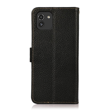 KHAZNEH Side-Magnetic Litchi Genuine Leather RFID Phone Case, For Samsung Galaxy A03 166mm Version, For Samsung Galaxy A03s 164mm Version, For Samsung Galaxy A13 4G, For Samsung Galaxy A13 5G, For Samsung Galaxy A33 5G, For Samsung Galaxy A53 5G