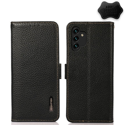 KHAZNEH Side-Magnetic Litchi Genuine Leather RFID Phone Case, For Samsung Galaxy A03 166mm Version, For Samsung Galaxy A03s 164mm Version, For Samsung Galaxy A13 4G, For Samsung Galaxy A13 5G, For Samsung Galaxy A33 5G, For Samsung Galaxy A53 5G