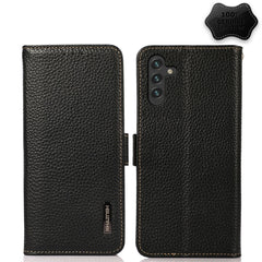 KHAZNEH Side-Magnetic Litchi Genuine Leather RFID Phone Case, For Samsung Galaxy A03 166mm Version, For Samsung Galaxy A03s 164mm Version, For Samsung Galaxy A13 4G, For Samsung Galaxy A13 5G, For Samsung Galaxy A33 5G, For Samsung Galaxy A53 5G