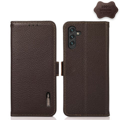 KHAZNEH Side-Magnetic Litchi Genuine Leather RFID Phone Case, For Samsung Galaxy A03 166mm Version, For Samsung Galaxy A03s 164mm Version, For Samsung Galaxy A13 4G, For Samsung Galaxy A13 5G, For Samsung Galaxy A33 5G, For Samsung Galaxy A53 5G