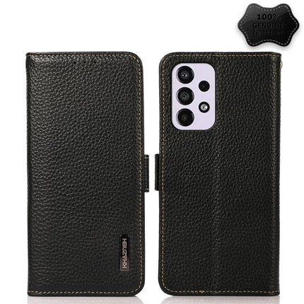 KHAZNEH Side-Magnetic Litchi Genuine Leather RFID Phone Case, For Samsung Galaxy A03 166mm Version, For Samsung Galaxy A03s 164mm Version, For Samsung Galaxy A13 4G, For Samsung Galaxy A13 5G, For Samsung Galaxy A33 5G, For Samsung Galaxy A53 5G