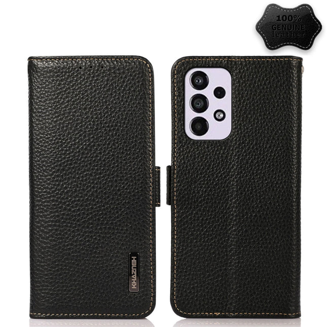 KHAZNEH Side-Magnetic Litchi Genuine Leather RFID Phone Case, For Samsung Galaxy A73 5G
